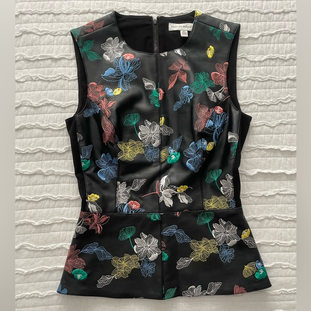 Dress The Population Faux Leather Floral Embroidered Peplum Blouse Size XS